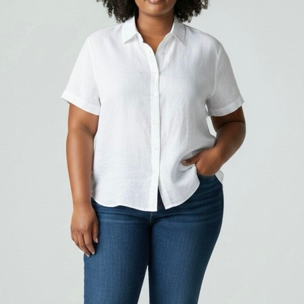 Talbots Sz 16 100% Irish Linen Short Sleeve Button Down Shirt Tailored White
